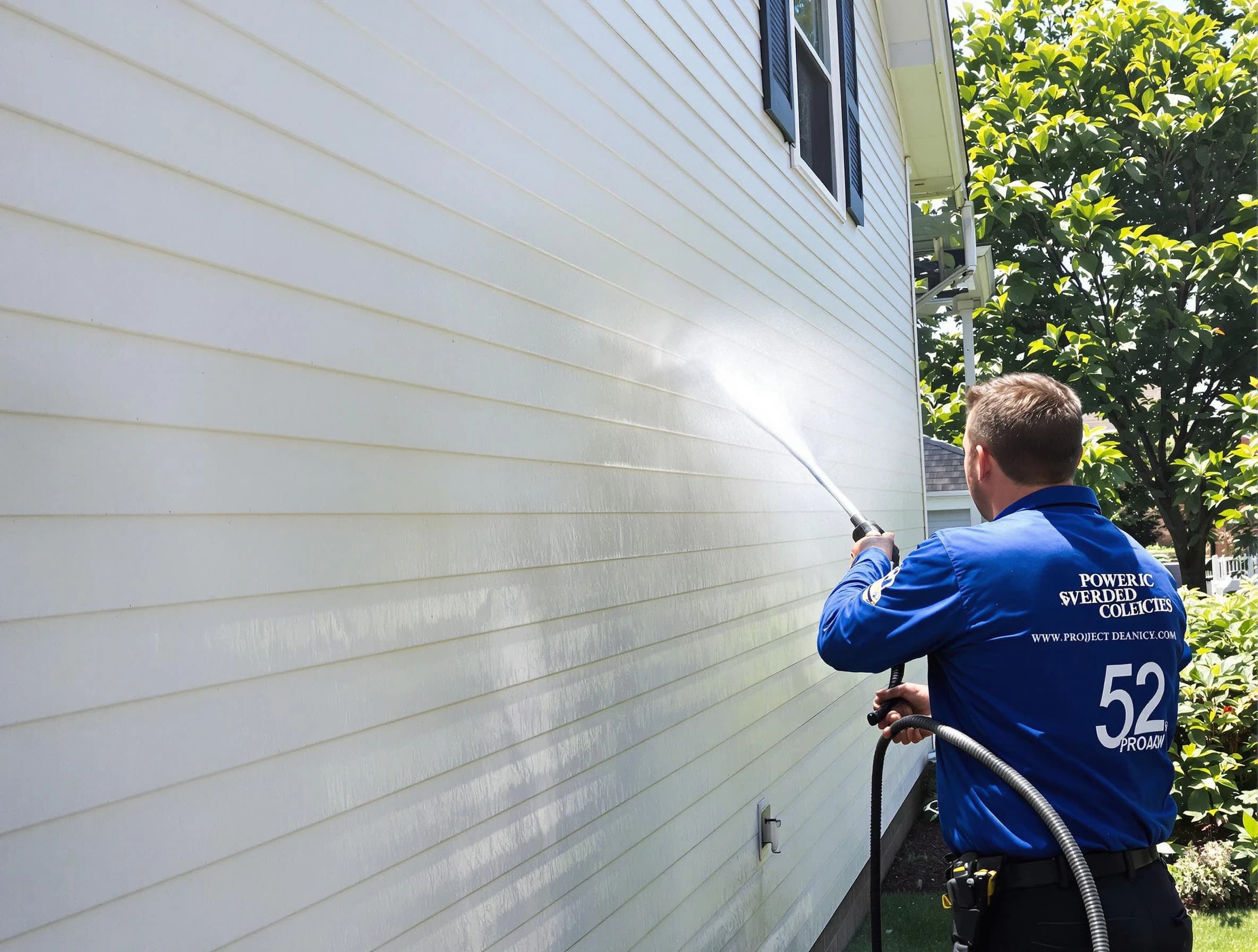 A Twinsburg Power Washing technician power washing a home in Twinsburg