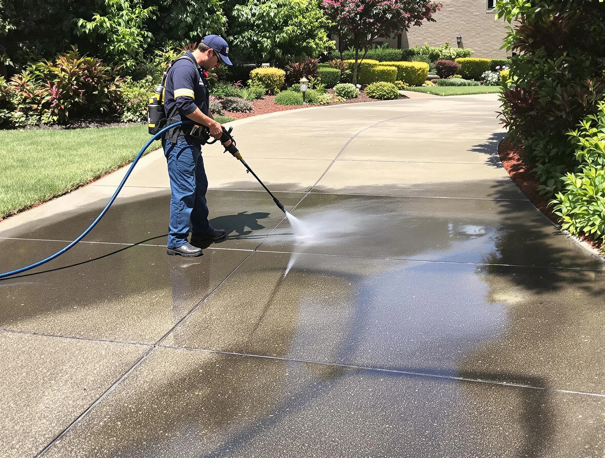 Experienced Twinsburg Power Washing team member pressure washing a driveway in Twinsburg