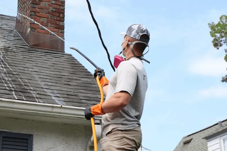 Twinsburg Power Washing professional performing gentle roof washing service in Twinsburg